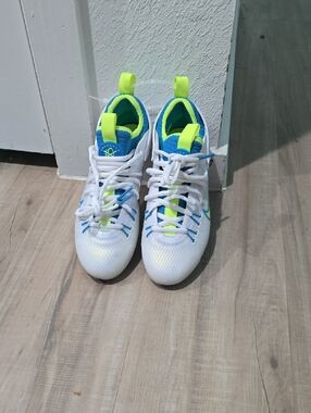 Kids Nike Soccer Cleat- White with Blue & Neon Yellow